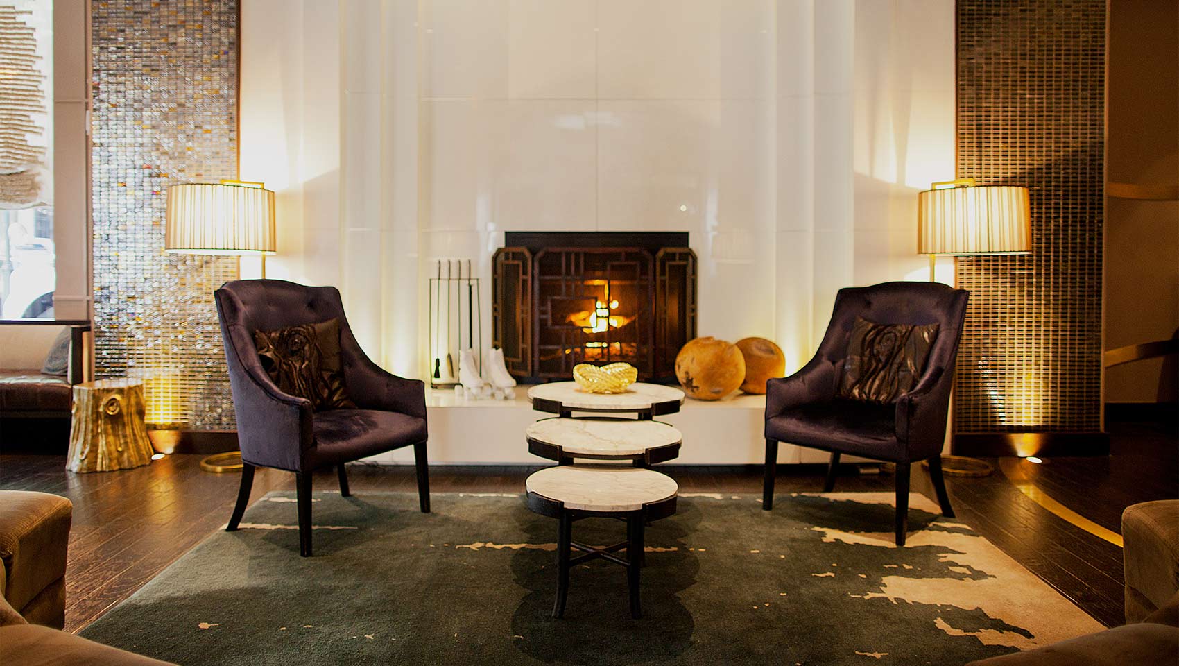 Fireplace sitting area of lobby of Kimpton Hotel Palomar Philadelphia