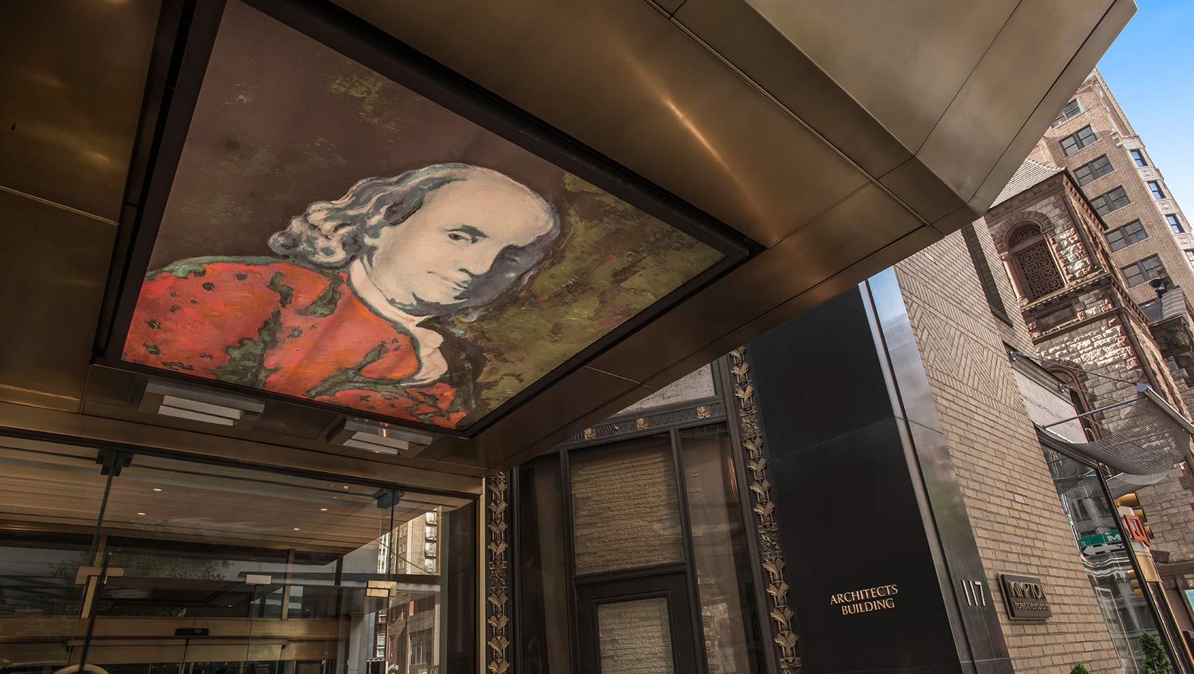 Awning detail of exterior of Kimpton Hotel Palomar Philadelphia