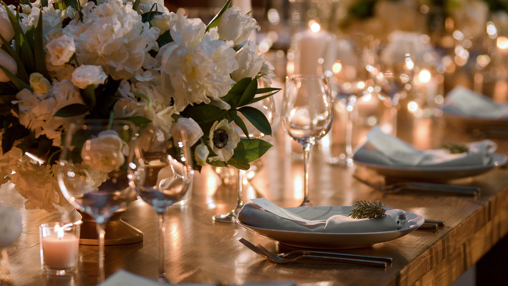 Close up of table decorated for a wedding event at Kimpton Hotel Palomar Philadelphia