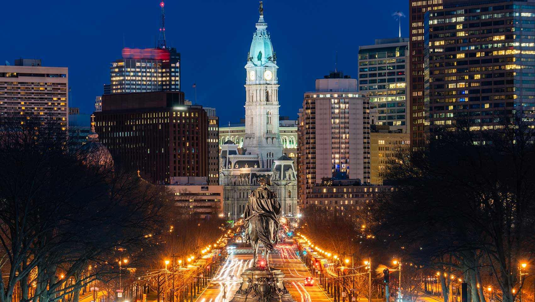 Nighttime view of downtown philly and city hall