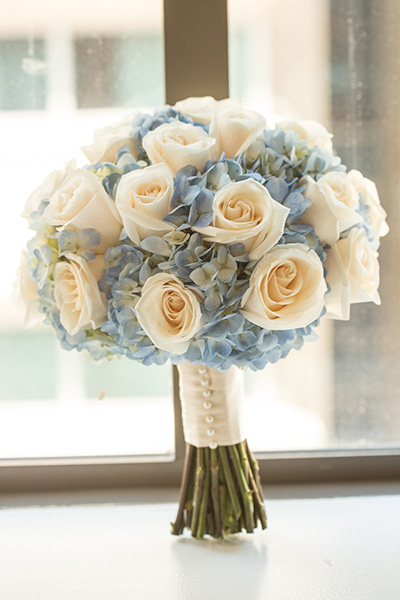 Bride's bouquet with white and blue flowers